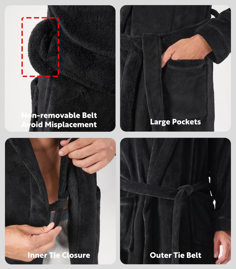 DAVID ARCHY Men's Soft Plush Coral Fleece Robe Full Length Hooded Long Bathrobe for Men with Hood (L, Black) - Image 4